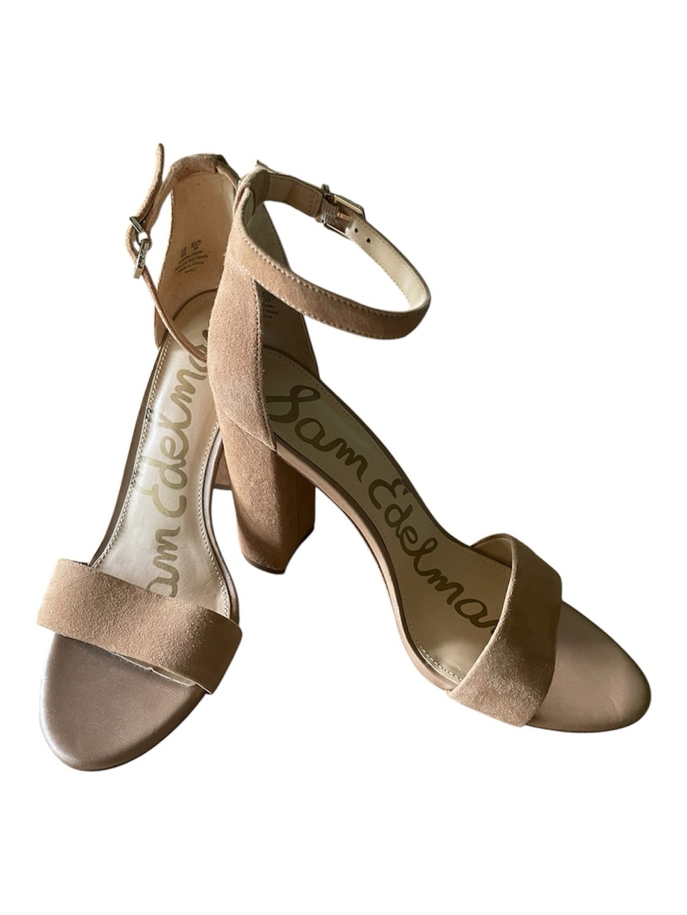 Sam Edelman Beige Suede Ankle-Strap Block Heels